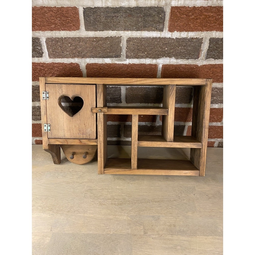 Vtg Wood Wall Shelf Curio Shadow Box Heart Dividers Display Country Cottage Core